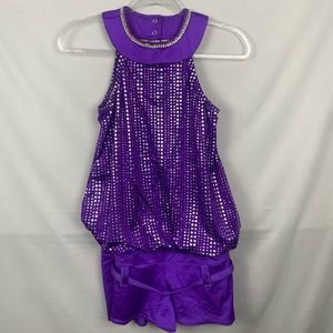 Kelle Dance Costume Adult medium romper purple with silver sequins